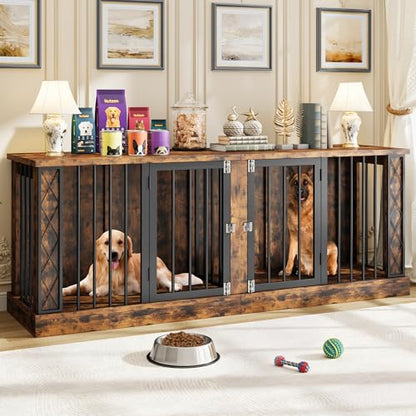 86.6" Double Dog Crate Furniture as TV Stand, Dog Kennel Furniture for 1 or 2 Dogs, Heavy Duty Dog Cage Indoor for Small/Medium/Large Dogs, Retro