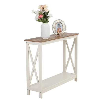 Farmhouse Console Table with Storage Shelf, 2 Tier Sofa Table for Entryway, Hallway, Living Room, Ivory