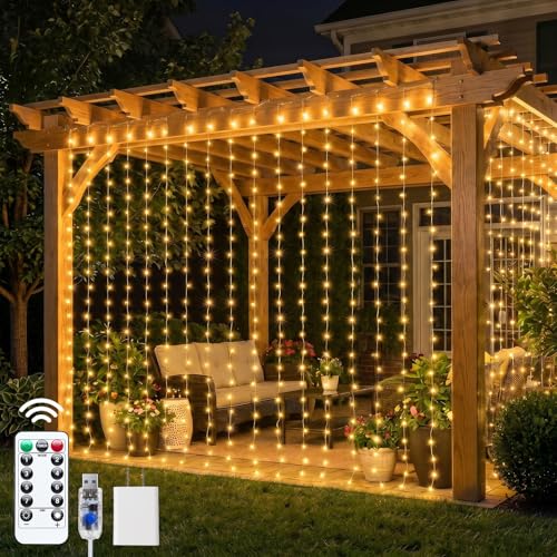 600 LED Curtain String Lights, 20 FT Hanging Fairy Lights with Remote, 8 Modes, Waterproof Window Lights for Bedroom Backdrop Wedding Outdoor Christmas Party, Warm White