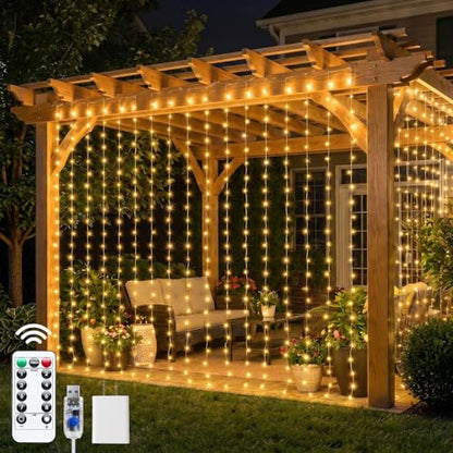 600 LED Curtain String Lights, 20 FT Hanging Fairy Lights with Remote, 8 Modes, Waterproof Window Lights for Bedroom Backdrop Wedding Outdoor Christmas Party, Warm White
