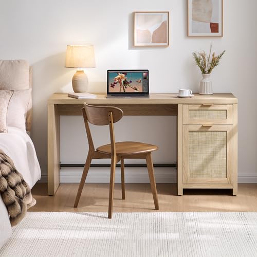 59" Rattan Computer Desk Wood Desk, Home Office Desk with Drawer, view 3