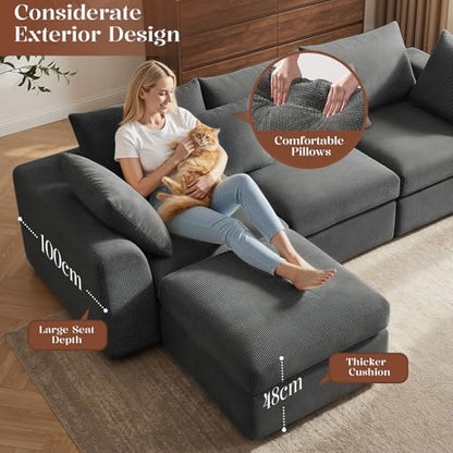 110" Cloud Sectional Couches for Living Room, L-Shaped Convertible Sofa, 3-Seat Modular Boneless Couch with Movable Ottoman, Dark Grey