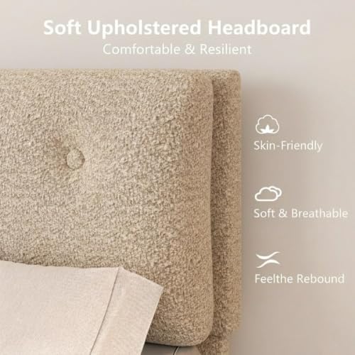 Bed Frame Queen Size, Boucle Upholstered Bed Frame with Headboard, view 4