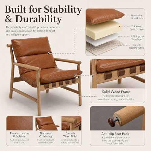 Faux Leather Accent Chair Mid Century Modern Living Room Chairs Comfy Arm Chair with Solid Wood Frame Upholstered Lounge Reading Chair Cozy Recliner for Guest Room/Bedroom, Brown, 7533AC