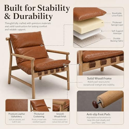 Faux Leather Accent Chair Mid Century Modern Living Room Chairs Comfy Arm Chair with Solid Wood Frame Upholstered Lounge Reading Chair Cozy Recliner for Guest Room/Bedroom, Brown, 7533AC