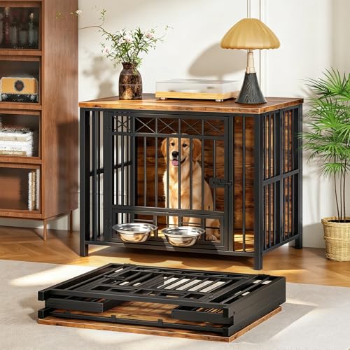 Foldable Dog Crate Furniture with 360° Rotating Double Bowls, view 2