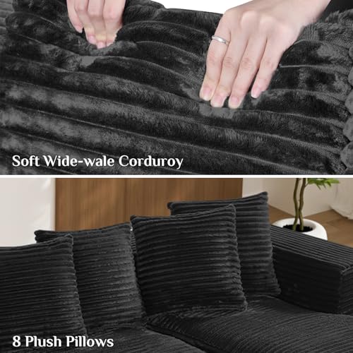 131" Oversized U Shaped Cloud Sectional Couches for Living Room, Comfy Fluffy Corduroy Black Boneless Sectionals Couch, Plush Memory Foam Modular Sectional Sofa with Chaise- 19" Seat Height