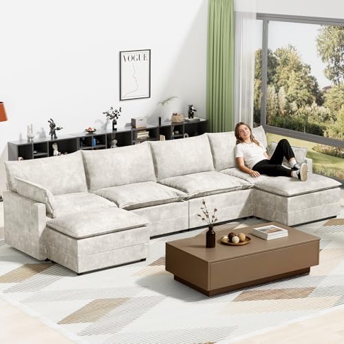 147" U-Shape Modular Sofa with 2 Ottomans, Deep Seat Cloud Convertible Sleeper, 2 Arm Pillows, Comfortable Large Upholstered Furniture for Living Room Apartment, Beige