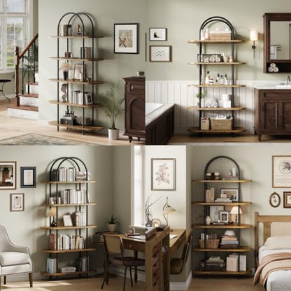 71" Arched Bookshelf 5 Tier Bookcase Open Bookshelf with Metal Frame Plant Stand Freestanding Display Rack Tall Shelving for Bedroom Living Room Home Office Bathroom Black + Retro Color