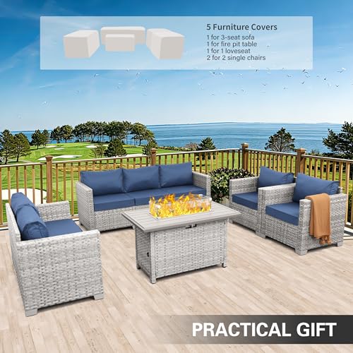 Patio Furniture Set 5 Piece Outdoor Furniture with Fire Pit Table, Grey Wicker Sectional Sofa Couch Sets Backyard Deep Seating PE Rattan Chairs with Navy Blue Cushion