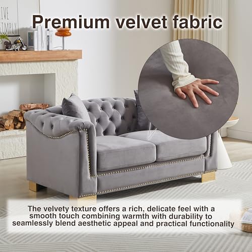 62" Chesterfield Sofa Velvet Two-Seater, Modern Classic Rolled Arm Button Tufted Sofa with Nailhead Decor, Cloud Couch Loveseat for Living Room, Apartment (Grey)