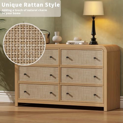 6 Drawer Dresser for Bedroom, 49'' Rattan Dresser with Ample Storage, Boho Chest of Drawers, Thickened Curved Profile Design, Oak Dressers for Bedroom, Living Room