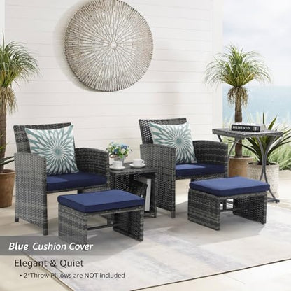 6 Piece Patio Furniture Conversation Set with Ottoman, Outdoor Grey Wicker Chair and Table Set, Balcony Furniture for Apartments, Navy Blue