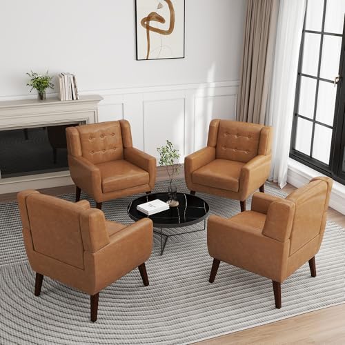 Faux Leather Accent Chairs Set of 4, Modern Arm Club Chair Upholstered Armchair for Living Room, Comfy Single Sofa Seats Button Tufted Reading Seating, Brown