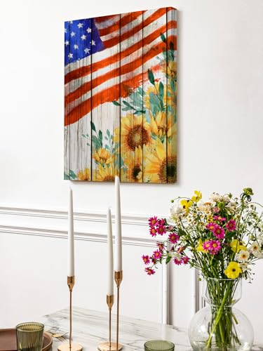 NuYeBiofx Independence Day Sunflower USA Flag Canvas Wall Art Prints,30"x20" Framed Picture Artwork Vintage Wood Grain Printed Canvas Oil Painting for Living Room Bedroom Office,Ready to Hang