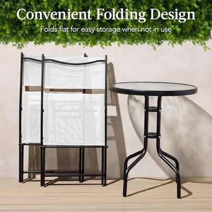 Best Choice Products 3-Piece Patio Bistro Dining Furniture Set w/Textured Glass Tabletop, 2 Steel Folding Chairs, Polyester Fabric - White