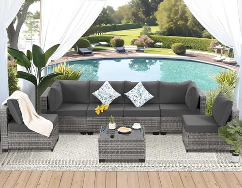 7 Piece Outdoor Wicker Patio Furniture Set, Grey/Dark Grey | Sectional Sofa | All-Weather Hand-Woven Rattan | Tempered Glass Coffee Table | Free Combination | Indoor & Outdoor Use