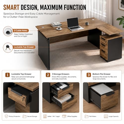 63" Modern L Shaped Executive Desk with Lockable Drawer, view 6