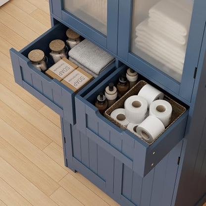 67" Tall Bathroom Storage Cabinet, Freestanding Storage Cabinet with Glass Door and Shelves, Kitchen Pantry with 2 Drawers for Bathroom, Living Room, Dining Room, Blue