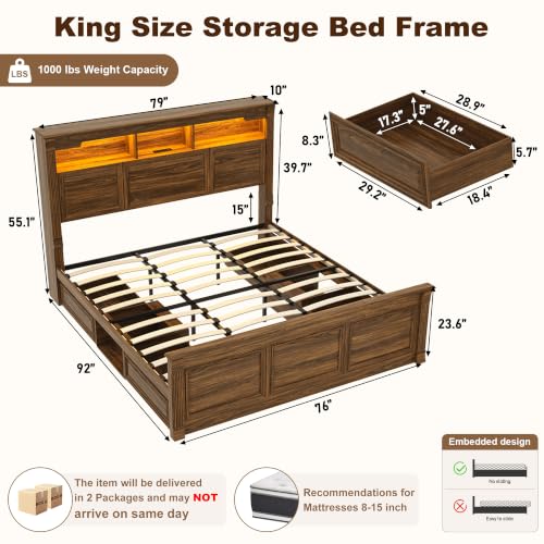 Farmhouse King Size Bed Frame with 55" Tall Storage Headboard & 4 Drawers, view 3