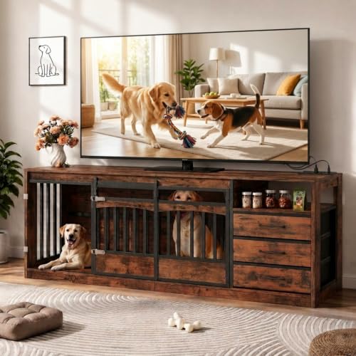 68.9" Double Dog Crate Furniture, Dog Crate for 2 Dogs Brown, view 2