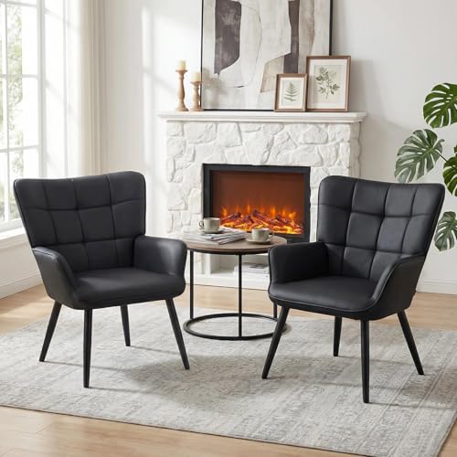 PU Leather Armchair, Modern Mid Century Accent Chair with Backrest & Metal Legs, Comfy Upholstered Barrel Chair for Living Room Bedroom Home Office Vanity Room, Black