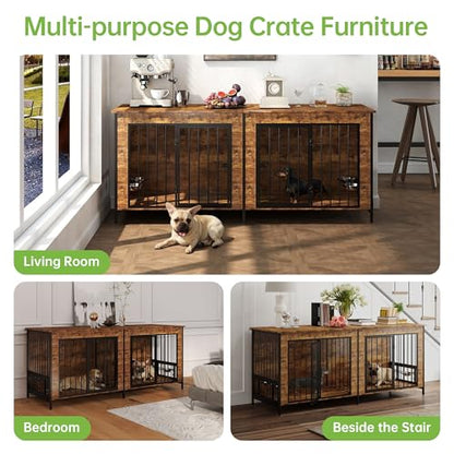 78" Dog Crate Furniture, Rotating Bowl Rack, Steel Frame, Brown, view 6