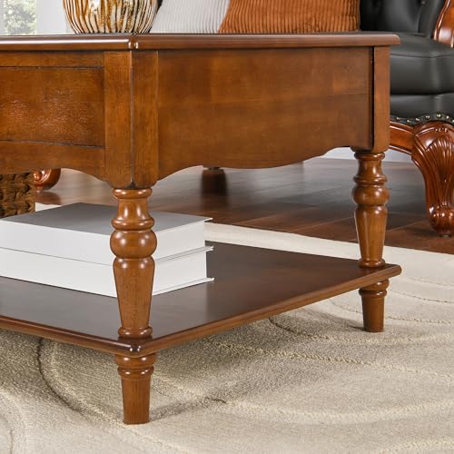 Wooden Coffee Table with Drawers & Storage Shelf, Cherry Brown | 43.3x23.6x17.7in, Vintage Rectangle Center Table with 2 Drawers, Apartment Cocktail Table with Turned Legs for Living Room