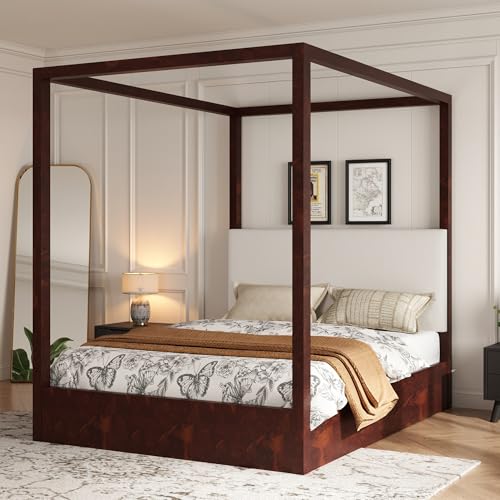 Queen Size Canopy Platform Bed with Upholstered Headboard, Two-Tone Wood Frame, view 4