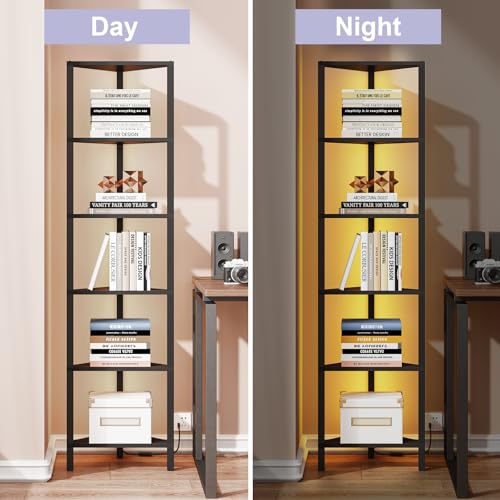 Corner Shelf with LED Light, 6-Tier Corner Bookshelf for Small Space, Narrow Display Corner Shelf Stand with Storage Rack, for Living Room, Bedroom, Black BS05BK006L