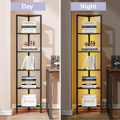 Corner Shelf with LED Light, 6-Tier Corner Bookshelf for Small Space, Narrow Display Corner Shelf Stand with Storage Rack, for Living Room, Bedroom, Black BS05BK006L