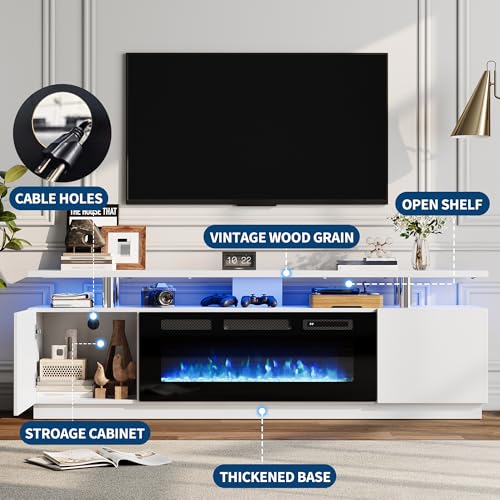 70"Electric FireplaceTV Stand,Double Layer Storage Shelves,white, view 7