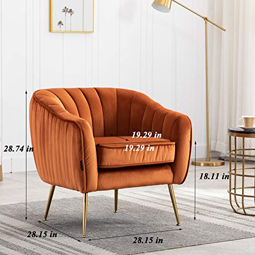 Velvet Modern Tub Barrel Arm Chair Upholstered Tufted with Gold Metal Legs Accent Club Chair with Ottoman Footrest for Living Reading Room Bedroom, Caramel Color