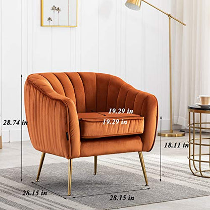 Velvet Modern Tub Barrel Arm Chair Upholstered Tufted with Gold Metal Legs Accent Club Chair with Ottoman Footrest for Living Reading Room Bedroom, Caramel Color