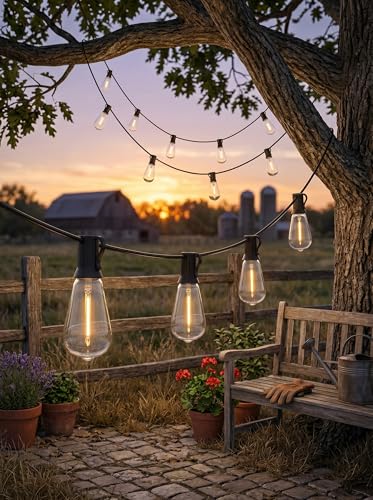 LED Outdoor String Lights 50FT Patio Lights with 27 ST38 Edison Shatterproof Bulbs, Outside Hanging Lights Waterproof for Porch, Deck, Garden, Backyard, Balcony, 2700K Warm White, Dimmable