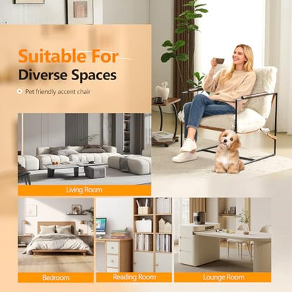 28" Wide Plush Upholstery Sling Modern Accent Chair with Metal Frame, Cute Reading Armchair with Removable Seat Cushion & Tan Microfiber Seat Base, Lazy Chair for Bedroom & Lounge, White