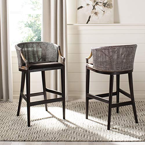 SAFAVIEH Furniture - Brando Rattan Bar Stool - Dark Brown - Solid Wood - Coastal Rattan-Back Design - Ideal for Kitchen, Bar Area, Dining Room (SEA4014A)
