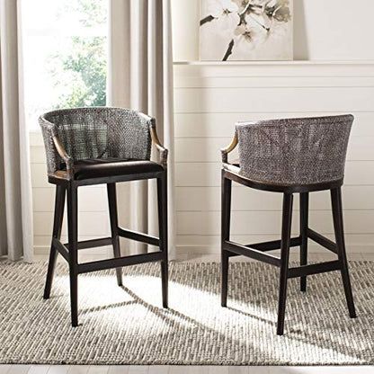 SAFAVIEH Furniture - Brando Rattan Bar Stool - Dark Brown - Solid Wood - Coastal Rattan-Back Design - Ideal for Kitchen, Bar Area, Dining Room (SEA4014A)