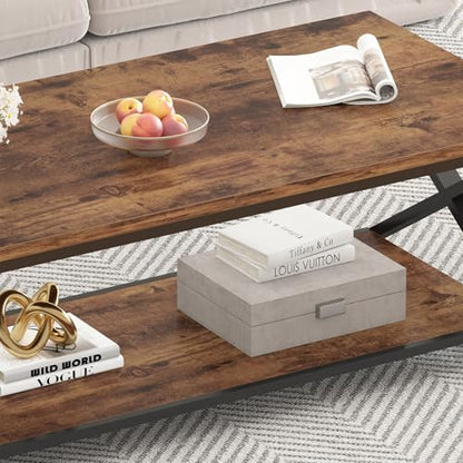 Wood Coffee Table with Storage, Farmhouse Rustic Brown Coffee Table for Living Room, Modern Minimalist 2 Tier Center Table, Simple Rectangle Cocktail Tea Table in Home Office Bedroom, 39 Inch