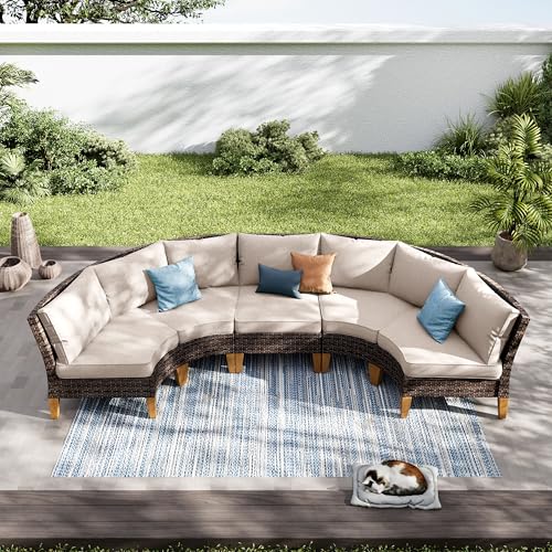 3-Piece Wicker Patio Furniture Set, Outdoor Curved Sectional Sofa Conversation Set with Cushions, Half-Moon Modular Couch for Garden, Deck, Backyard, Beige