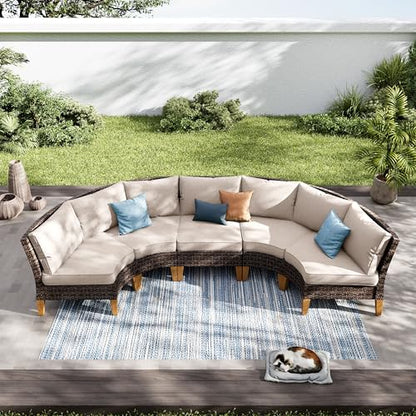 3-Piece Wicker Patio Furniture Set, Outdoor Curved Sectional Sofa Conversation Set with Cushions, Half-Moon Modular Couch for Garden, Deck, Backyard, Beige