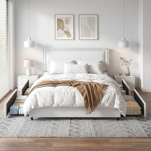 Queen Size Upholstered Bed Frame with 4 Storage Drawers, view 2