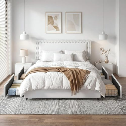 Queen Size Upholstered Bed Frame with 4 Storage Drawers, view 2