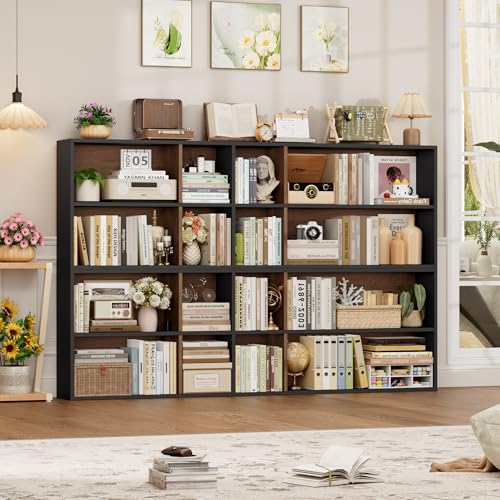 71'' Tall Bookshelf with 14 Cubes, 7 Tier Double Wide Wood Bookshelf with 6 Adjustable Shelves, 19.6" Narrow Bookcase DVD/CD Media Storage, Space Saving Display Shelf Cabinet, Black/Brown