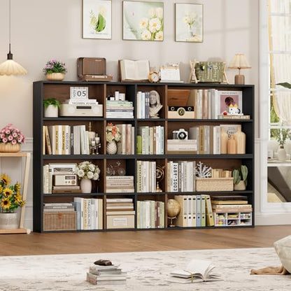 71'' Tall Bookshelf with 14 Cubes, 7 Tier Double Wide Wood Bookshelf with 6 Adjustable Shelves, 19.6" Narrow Bookcase DVD/CD Media Storage, Space Saving Display Shelf Cabinet, Black/Brown