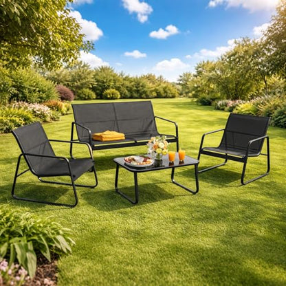 4 Piece Patio Furniture Set, Outdoor Patio Furniture with Loveseat and 2 Single Chairs, Bistro Table and Chairs Set for Backyard, Balcony, Lawn,Black