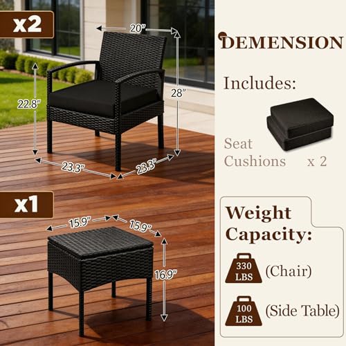 3 PCS Patio Rattan Conversation Bistro Chairs Set, Outdoor Patio Furniture Wicker Bistro Set with Coffee Table for Garden Porch Balcony Yard Lawn, Black