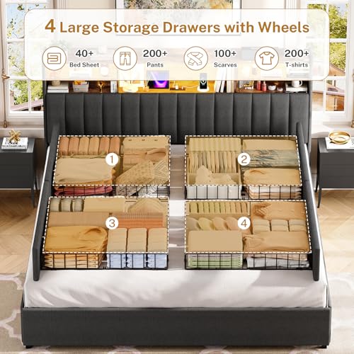 King Size Bed Frame with Headboard and 4 Drawers Storage, view 6