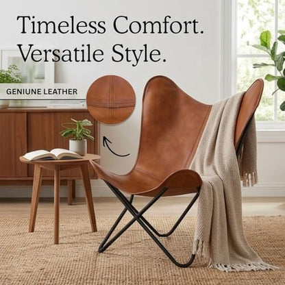 Butterfly Chair - Tan Leather Living Room Chair with Black Metal Base (Iron Frame with Tan Cover)