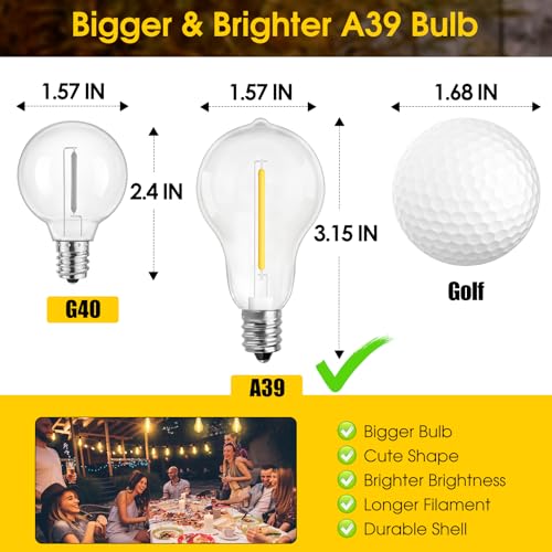 100FT LED Outdoor String Lights, Waterproof Patio Lights with 32 Shatterproof Dimmable 2700K A39 Bulbs Hanging Lighting for Outside Backyard